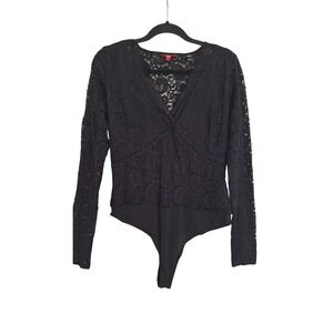 Guess Womens Black Floral Lace Long Sleeve V-Neck Surplice Bodysuit XL VW1011